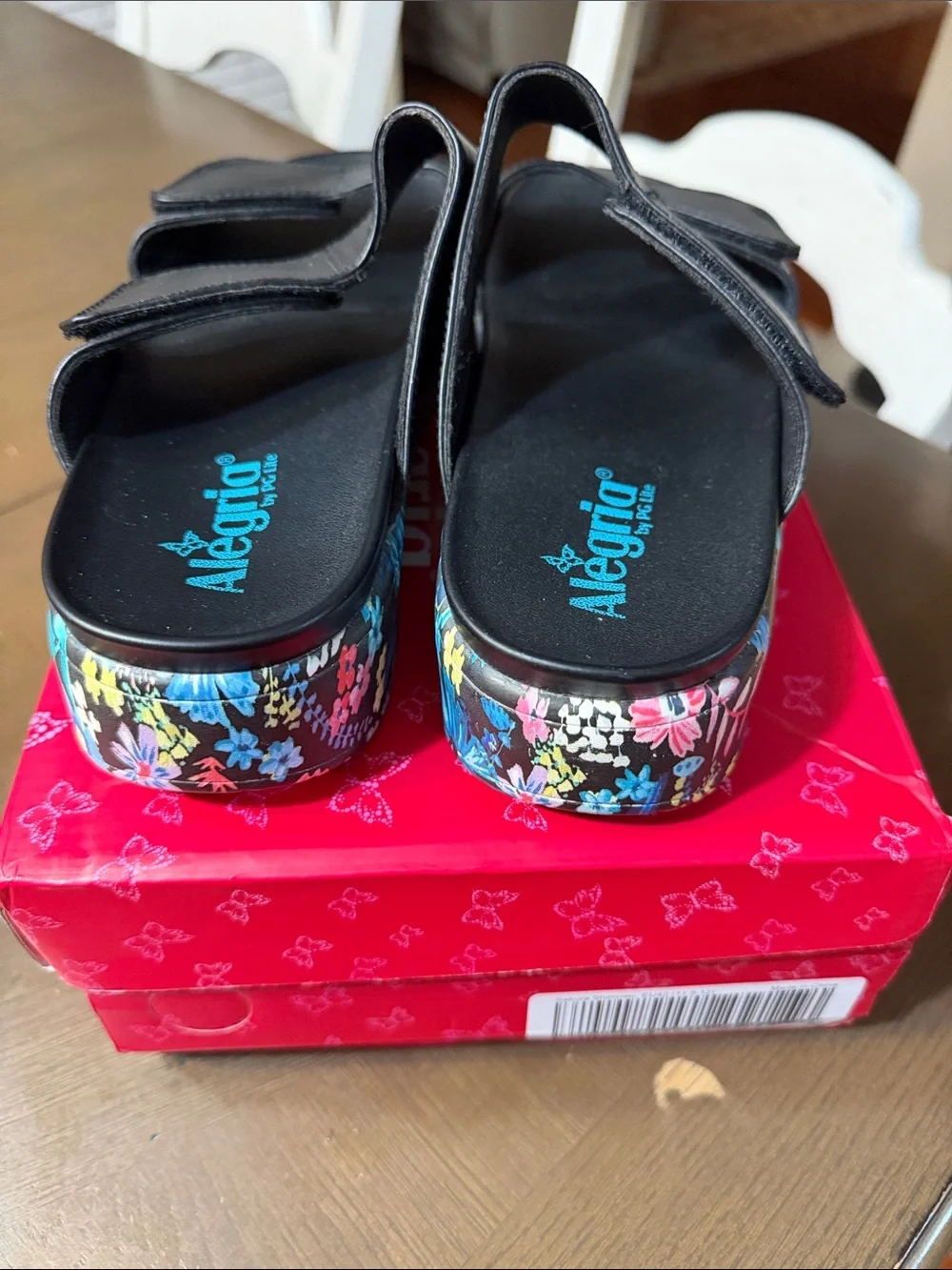 Alegria Kids Black Slide Sandals with Multicolor Floral Platform